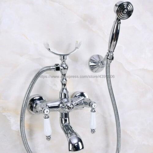 Polished Chrome Bathroom Dual Ceramic Handles Bathtub Mixer Faucet Clawfoot Tub Mixer Tap with Handshower Bna237