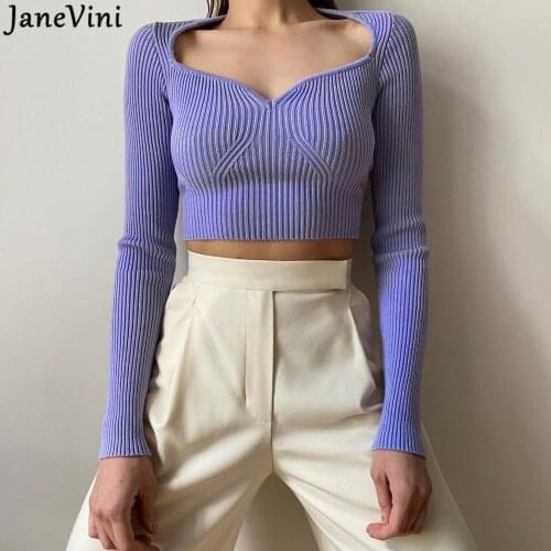 JaneVini 2021 Spring Autumn Women Pullovers High Street Style Knitted Sweaters Sexy Fashion Long Sleeve V Neck Short Crop Tops