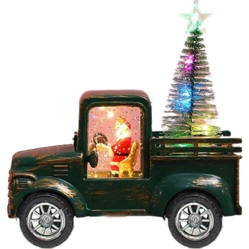 Christmas Cartoon Vintage Truck with Santa Claus Mini Snow Pine Tree Ornament LED Lighted Antique Resin Model Decoration