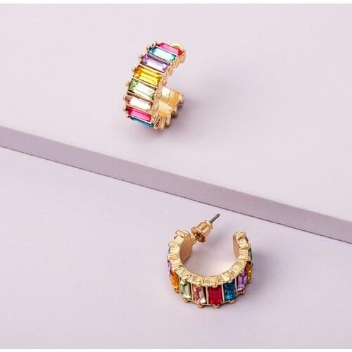 European and American large colored diamond rainbow hoop earrings earrings female short fashion super fire ladies hoop earrings