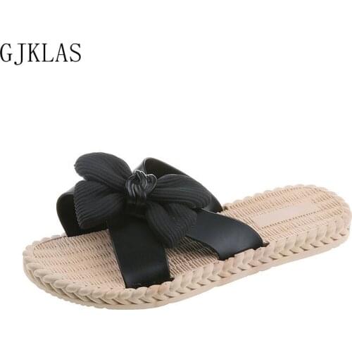 PVC Women Summer Casual Flat Slides Comfortable Flax Slippers Bow Linen Flip Flops Platform Sandals Ladies Indoor Shoes Flats
