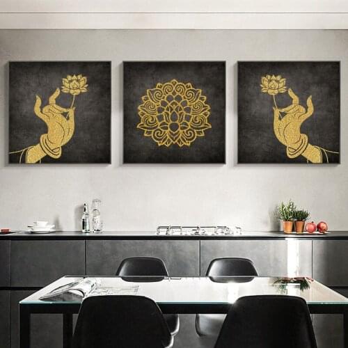 Vintage Yoga Bergamot Canvas Painting Wall Art Buddhism Lotus Triptych Posters and Prints India Art for Living Room Decoration