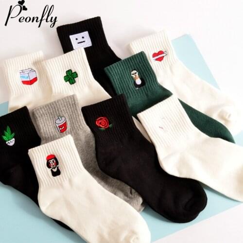 Funny female Woman Socks women Japanese Concise Black And White Original Old Interest Cartoon Embroidery Pattern In Socks