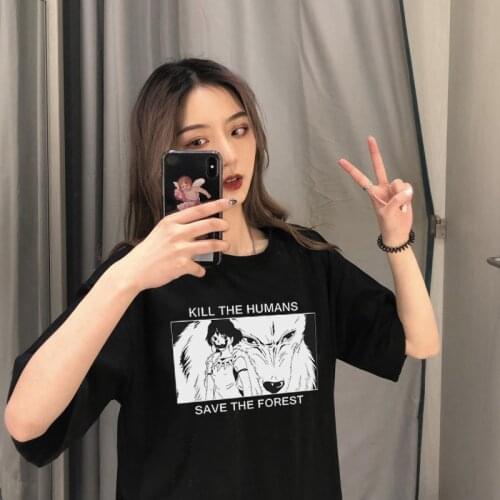 Princess Mononoke San and Moro Japanese Anime Short Sleeve Female Cartoon Fun Plus Size Loose Casual Harajuku Vintage T-Shirt