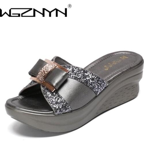 Summer Bling Slipper Woman Walking Shoes Ladies Leather Wedges Shoes Female Casual Slingbacks Sandals Comfortable Platform