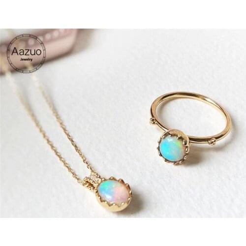 Aazuo 18K Yellow Gold Egg Ring Necklace Natual Blue Opal Real Diamond gifted for Women Valentines Day Gift Link Chain Au750