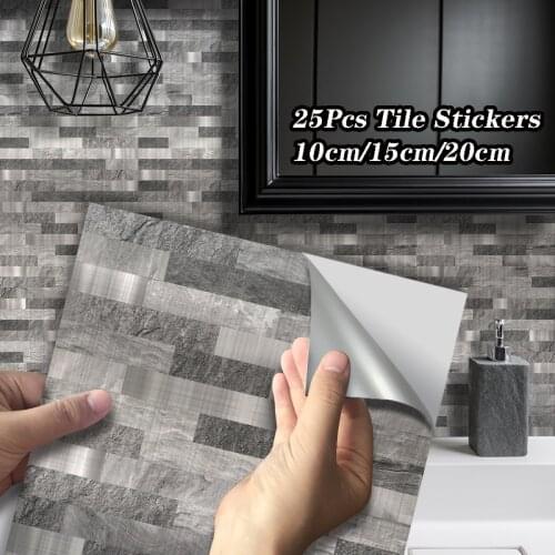 25Pcs Gray Metal Mosaic Tiles Marble Effect Self-adhesive Kitchen Home Bathroom Decoration Stickers Peel & Stick Room Decor