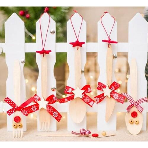 6Pcs Wooden Spoon Fork Bowknot Star Xmas Tree Hanging Ornaments Pendants New Year Home Party Wedding Decor
