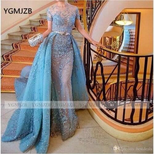 Sparkling Mermaid Prom Dresses Evening Long 2020 Beading Lace Short Sleeves Blue Arbic Formal Dresses Party Gown Celebrity Dress