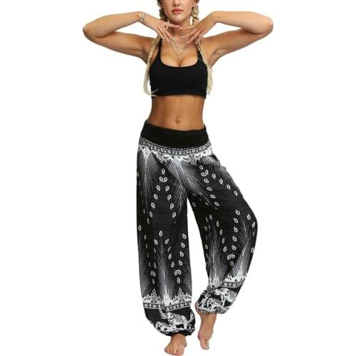 Bohemian Woman Pants Feather/Flower Print Elastic Waist Wide Leg Pants Women Loose Baggy Harem Pants Trousers Pantalon Femme
