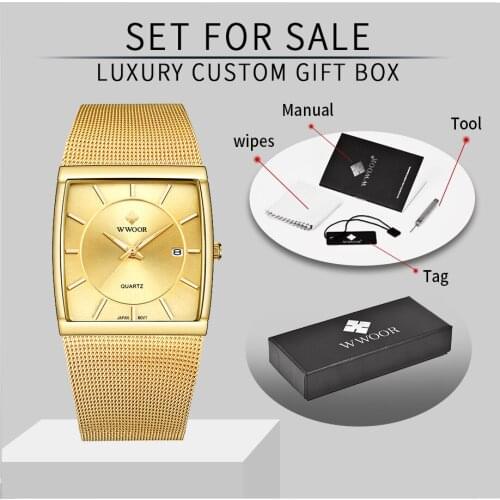 WWOOR Luxury Square Watch Men Fashion Ultra Thin Japan Quartz Wristwatches Men Gold Mesh Steel Waterproof Date Relogio Masculino