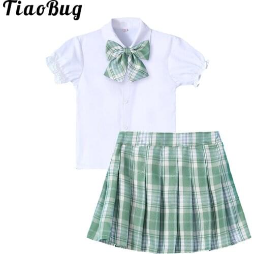 Kids Girls School Dress Summer Pink Skirt Japanese School Uniforms Top+Pleated Grid Skirt Teen Girls Anime Cosplay Sailor Suits