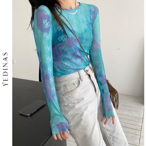 Yedinas Aesthetic Gradient Tie Dye Mesh T Shirts See Through Slim Bodycon Sexy Tshirt E Girl Translucent Streetwear Stretchy Top