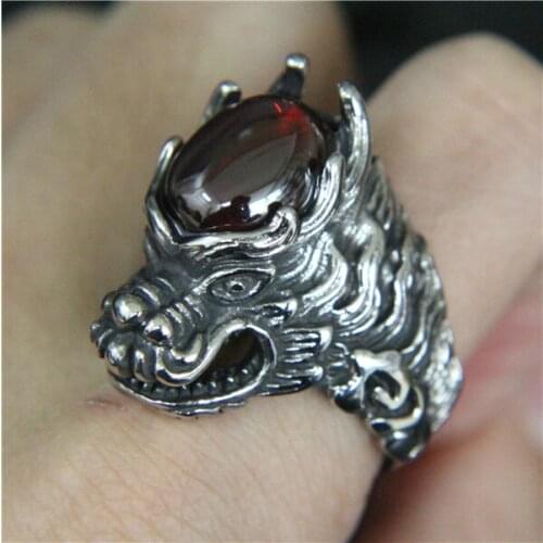 Band Party Chinese Dragon Ring 316L Stainless Steel Mens Ring Cool Punk Large Red Stone Ring