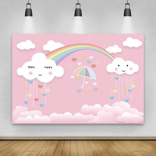 Laeacco Pink Cartoon Clouds Rainbow Newborn Baby Birthday Party Photography Backdrop Baby Shower Backgrounds Photo Shoot Studio