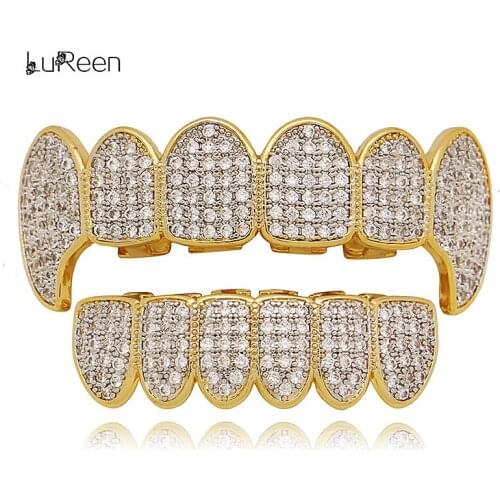 LuReen Hip Hop Cubic Zircon Gold Teeth Grillz Iced Out Vampire Fang Top Bottom Grills Tooth Caps Rapper Body Jewelry for Party