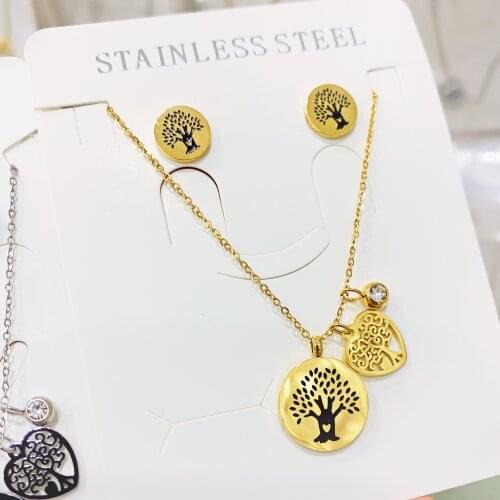 316LStainlessSteelSet Necklace Earrings Hot Tree of Life Round Pendant Necklaces Bijoux Collier Elegant Women Girl Jewelry Gifts