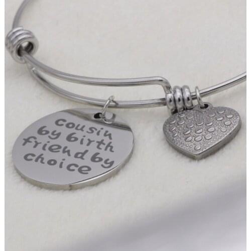 Fashion heart bracelet friend gift stainless steel Jewelry high quality cousin by birth friend by choice adjustable Bangle B1002