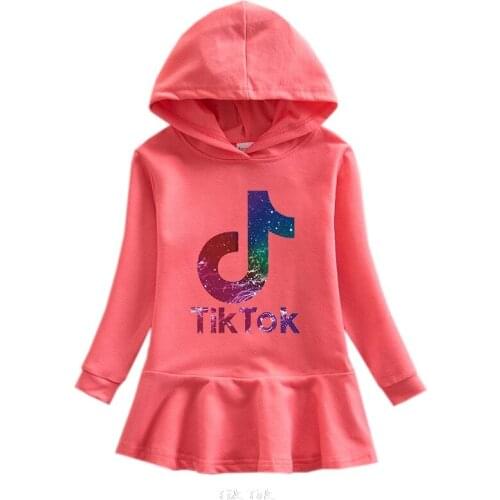 Cartoon Tik Tok Hooded Dress Children Girl Tik Tok Rainbow Long Sleeve Cotton Dresses Autumn Clothing