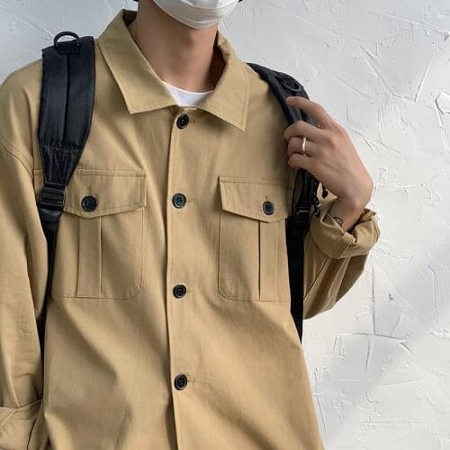 High Quality 100% Cotton Mens Shirts Harajuku Casual Mulit-Pockets Design Button Down Loose Male Tops Blouse Black Khaki