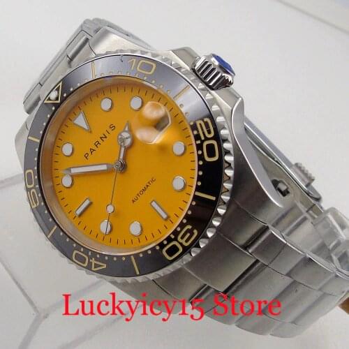 PARNIS 40mm Orange Mechanical Men Watch Brushed Oyster Strap 21 Jewels MIYOTA 8215 Movement Sapphire Glass Screwdown Crown