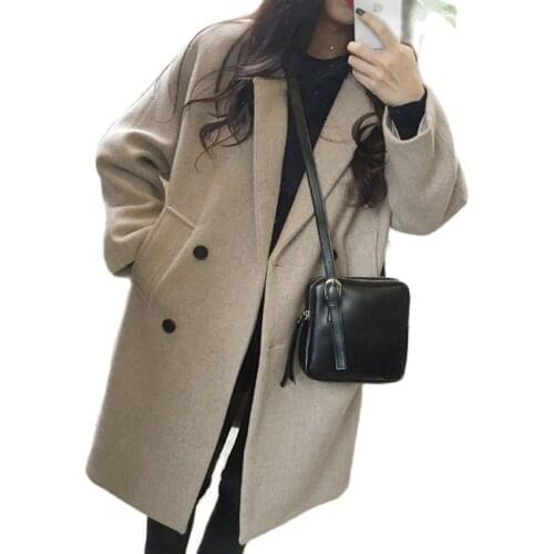 New 2021 Womens Woolen Coat Mid-Length Black Beige Blended Wool Jacket Autumn Winter Loose Double Breasted Casual Outerwear