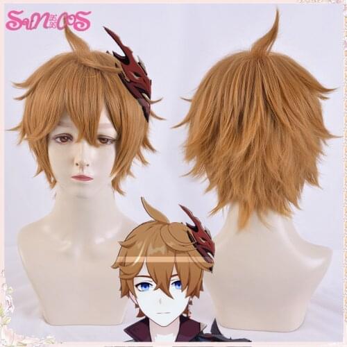 Genshin Impact Cosplay wigs Tartaglia 30cm Short Brown Wig Anime Hair Heat Resistant Synthetic Wigs Halloween Headwear Hairpin