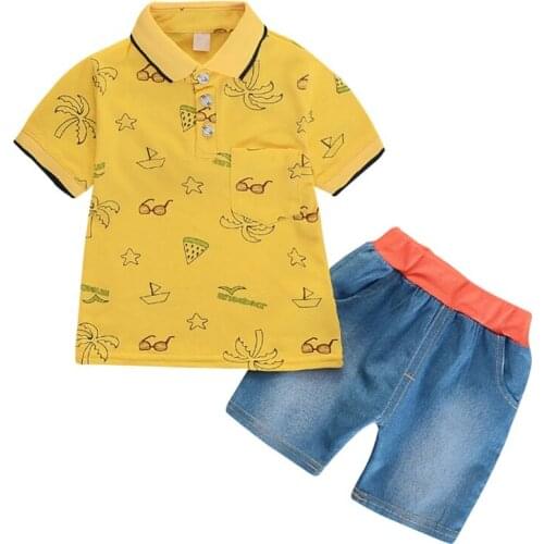 Hot baby boy clothes children cute leaf glasses printing Lapel short sleeve+shorts suit cotton for 0-4 years old