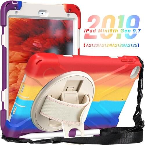 Colorful Rainbow Tablet Cover Case For iPad Mini 4 5 7.9inch Full Protection 360 Rotation Kickstand Shell Fundas Shoulder Strap