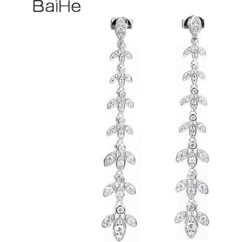 BAIHE Solid 14K White Gold 0.60ct H/SI Natural Diamonds Wedding Trendy Jewelry Diamond earrings with long fringe stud earrings