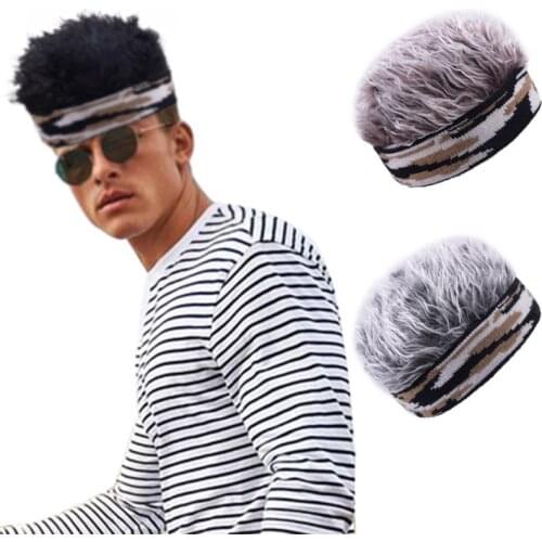 Men Women Short Wig Brimless Beanie Hat Fake Hair Funny Camouflage Knitted Landlord Sailor Cap Stretchy Cosplay Props
