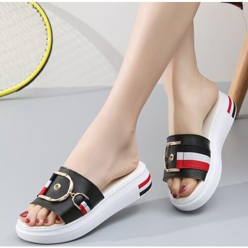 JZZDDOWN Split Leather Women Slippers Flat Summer Beach Sandals womens shoes Ladies Luxury Buckle Platform Slides Flip Flops