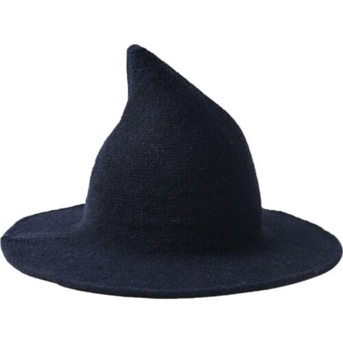 Women Winter Warm Faux Wool Knitted Halloween Witch Hat Solid Color Wide Brim Cosplay Party Wizard Pointy Bucket Cap