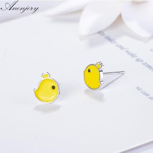 ANENJERY 925 Sterling Silver Cute Drop Glaze Yellow Chicken Animal Earrings For Women Gift S-E686