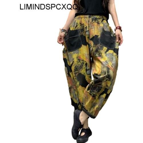 LIMINDSPCXQQ European Summer 2021 Ladies Yellow Flowers Vintage Jeans Women Printed Casual Denim Pants Female Loose Trousers New