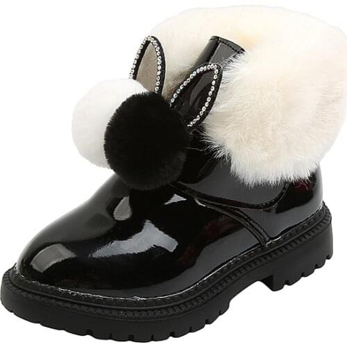 Girls Snow Boots Waterproof Children Snow Boots Bright Skin Rabbit Ears Fluffy Kids Winter Warm Cotton Boots Pom-pom Cute 21-36