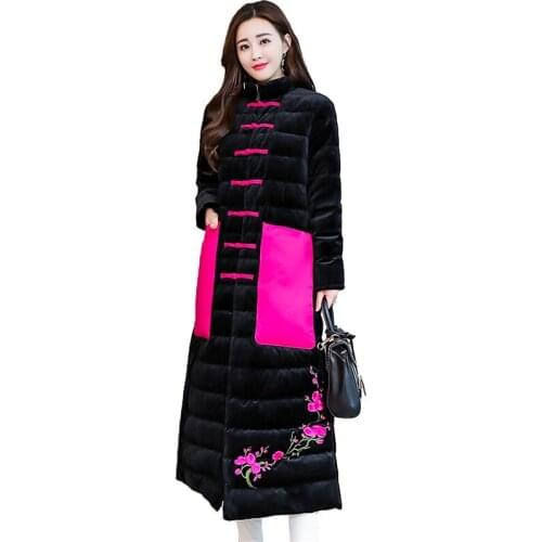 Winter Gold velvet Parkas Women 2019 New Vintage Stand collar Long Down cotton Coat Plus size Female Embroidery Cotton jackets