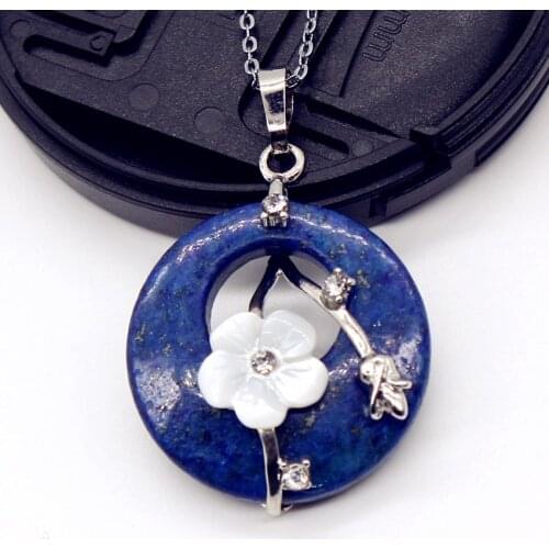 100-Unique 1 Pcs Silver Plated Round Hollow with Flower Lapis Lazuli Pendant Link Chain Necklace Vintage Jewelry