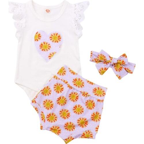 3PCS Set Newborn Baby Girl Fly Sleeve Cotton Bodysuit Tops Sunflower Bloomers Shorts Headband Outfits Baby Clothes