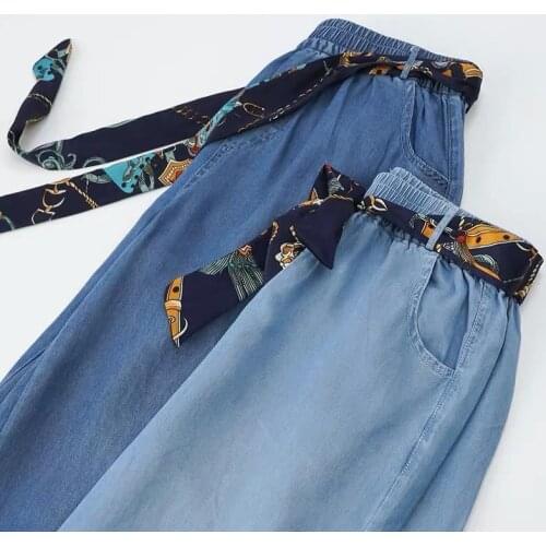 Casual Wide Leg Pants Female Jeans Summer New Korea Fashion Women Elastic Waist Loose Tencel Denim Pants All-Matched