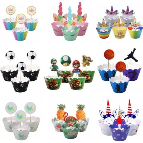 12set Baby Shower Kids Favors Unicorn Fish Football Decoration Cake Cupcake Paper Wrappers Toppers Happy Birthday Party Supplies