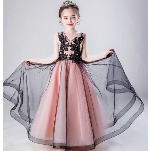 Flower Girl Birthday Banquet Lace Appliques Dress Elegant Girls Wedding Dress Long Black Tulle Girl Dress First Communion Gown