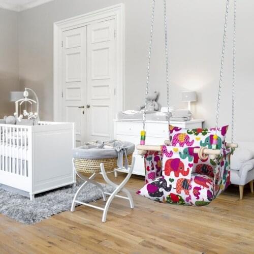 Baby Swing Elephant Pattern Hammock Patio Swing Hammock Natural Wooden Child Cotton Duck Cloth Linen Fabric Kids Room Decor