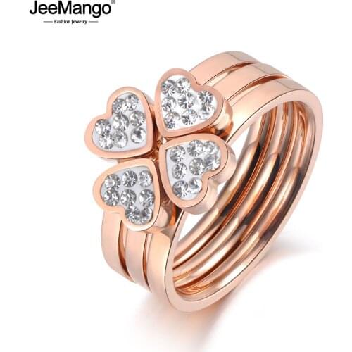 JeeMango Classic 3 In 1 Rose Gold CZ Crystal Love Heart Flower Ring Jewelry Stainless Steel Wedding Ring For Women Girls JR19074