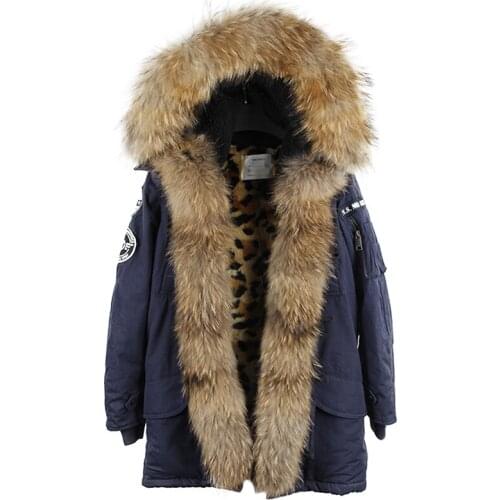 Maomaokong Winter Coat Women Long Fur Jacket Raccoon fur Faux Fur Lined Denim Parka Winter Fur Lines Female Hooded Overcoat