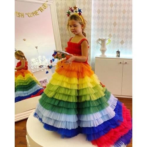 Luxury Rainbow Color Girls Pageant Gowns Layered Tulle Long Girls Birthday Party Dress Kids Chirstmas Dress PhotoShoot Big Bow
