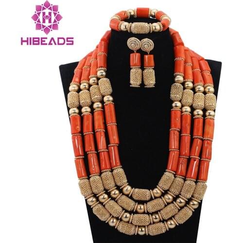Luxury Wedding Coral African Beads Jewelry Sets Dubai Gold Layers Necklace Set for Brides Christmas Gift Free Ship CNR700