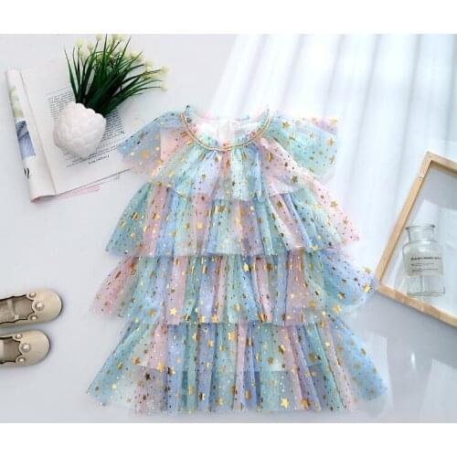Retail 2020 Summer New Children Baby Sparkle Star Mesh Cake Dresses , Girls Princess Sweet Clothes 4-8T