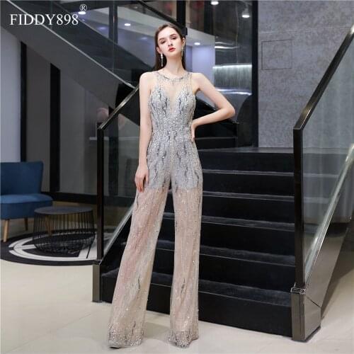 Sexy Evening Dress Long 2020 O Neck Sleeveless Crystal Beaded Evening Gown Lace Formal Party Dress for Women Robe de Soiree