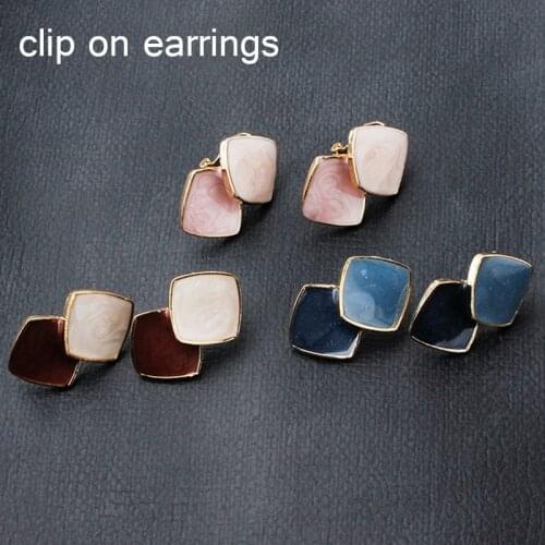 2021 Various Geometric Square Heart Pearlescent Enamel Clip on Earrings for Non Pierced Women Earrings Trend Aretes De Mujer